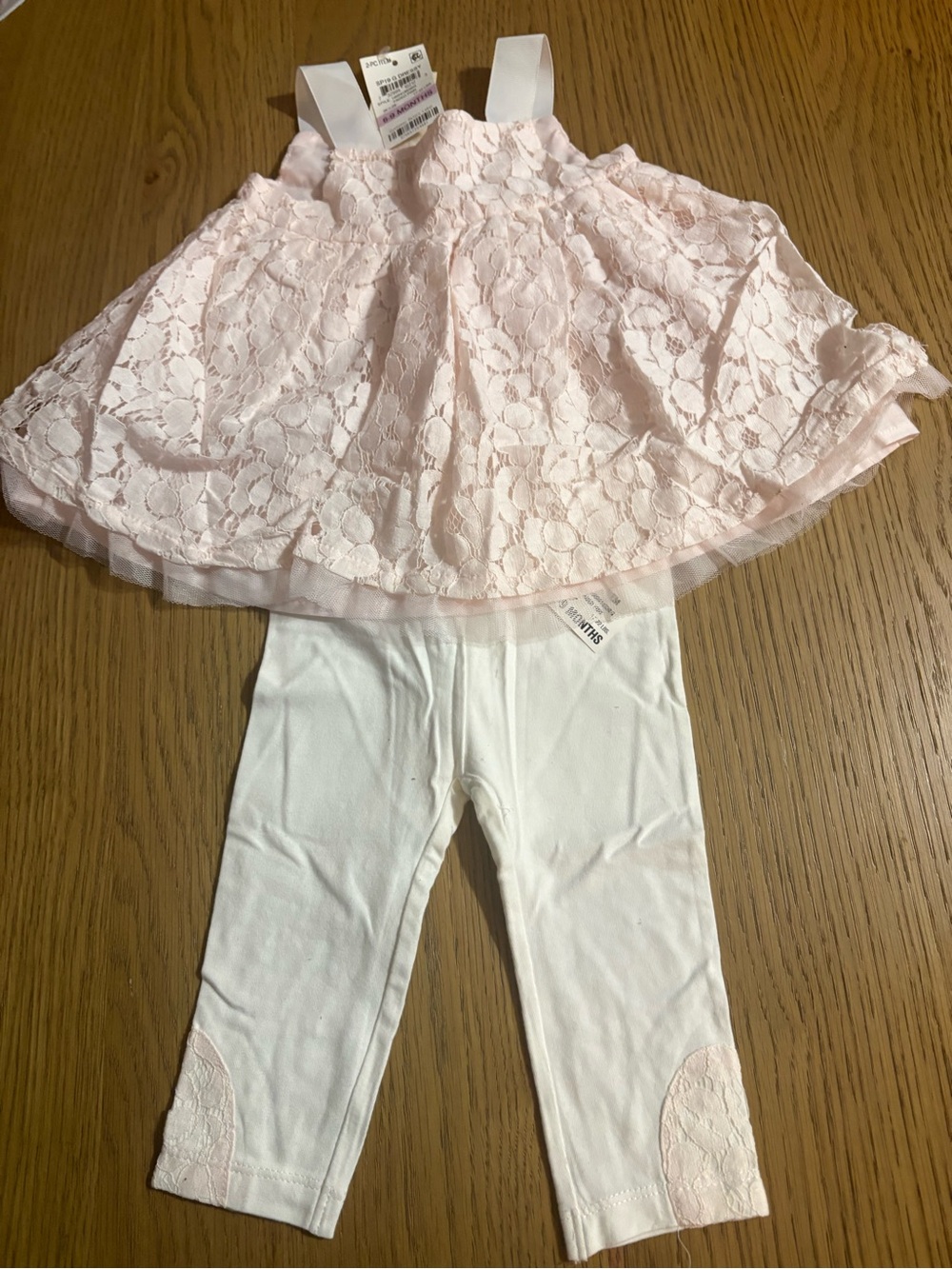 First Impressions Pale Pink Lace Dress Top with White Leggings